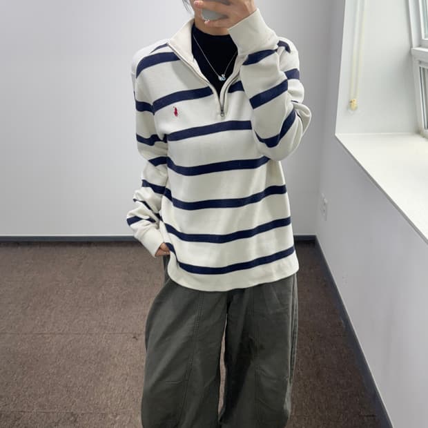 Polo 폴로 레드 포니 네이비 스트라이프 반집업 니트