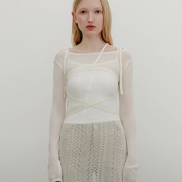 YUSE SHEER STRAP POINT BOLERO KNIT TOP -