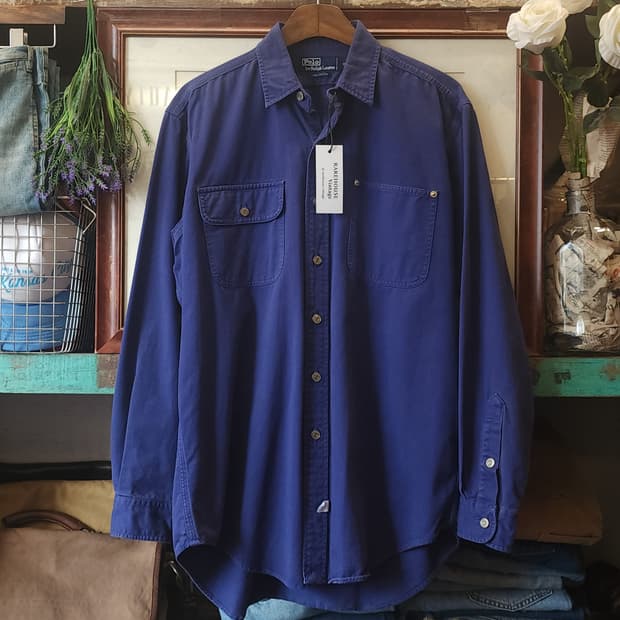 90s 폴로 헤비코튼 투포켓 워크셔츠 삼중 스티치 블루 M