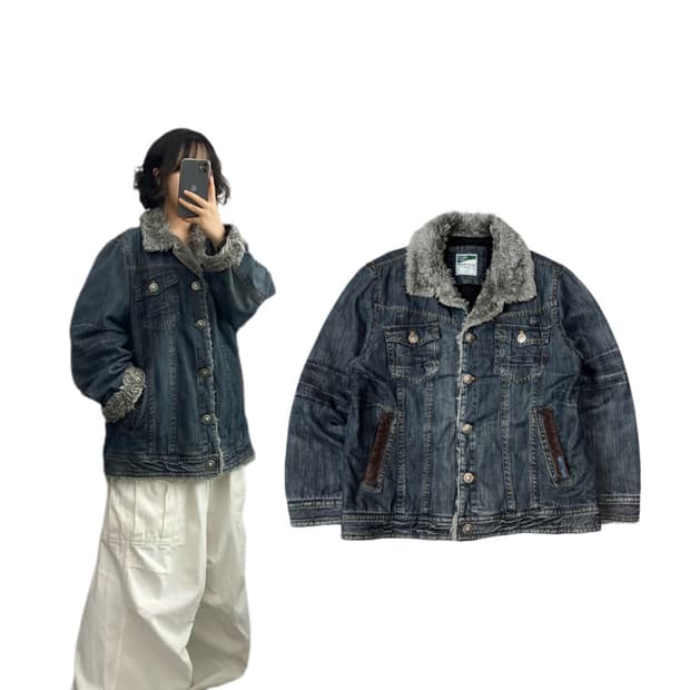 펑크 Y2K 락시크 울프 퍼 빈티지 데님자켓