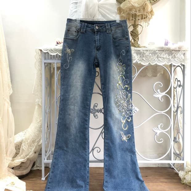 cubic embroidered bootcut denim jeans