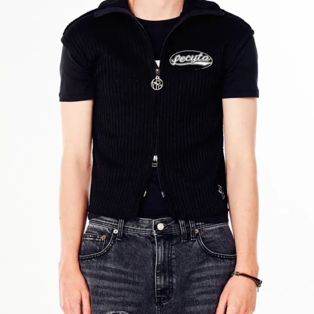 레씨토) Retro Wave Zip-Up Knit Vest_[Black]