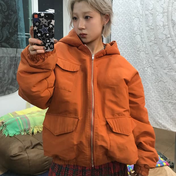 빈티지 오렌지 포켓 패딩 점퍼 