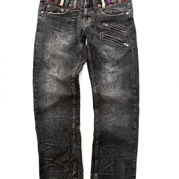 NYLAUS 멀티 벨트디테일 워싱 블랙 데님 팬츠