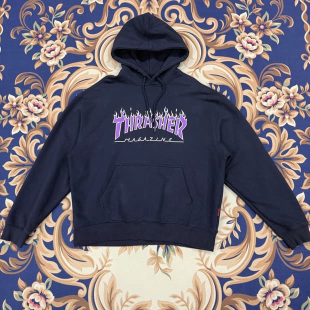 (S)트레셔 Thrasher 플레임 로고 후드티셔츠(네이비)