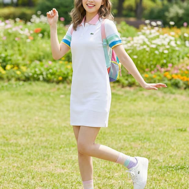 라코스테 와플 조직 배색 카라 원피스