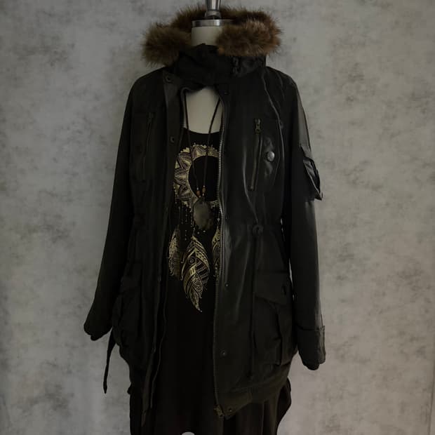 Grunge mood khaki fur jacket