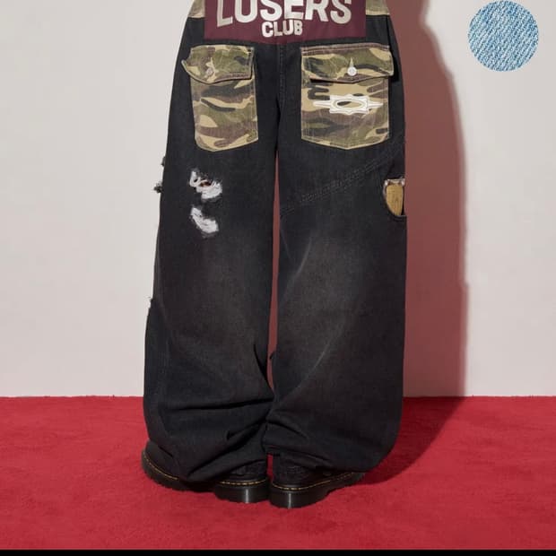 카모 믹스 데미지 와이드 데님팬츠