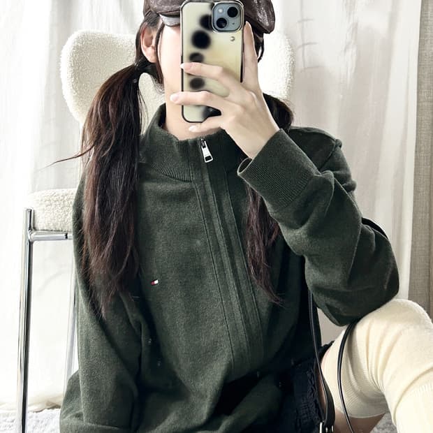 타미힐피거 스몰로고 캐시혼방 카키 니트집업