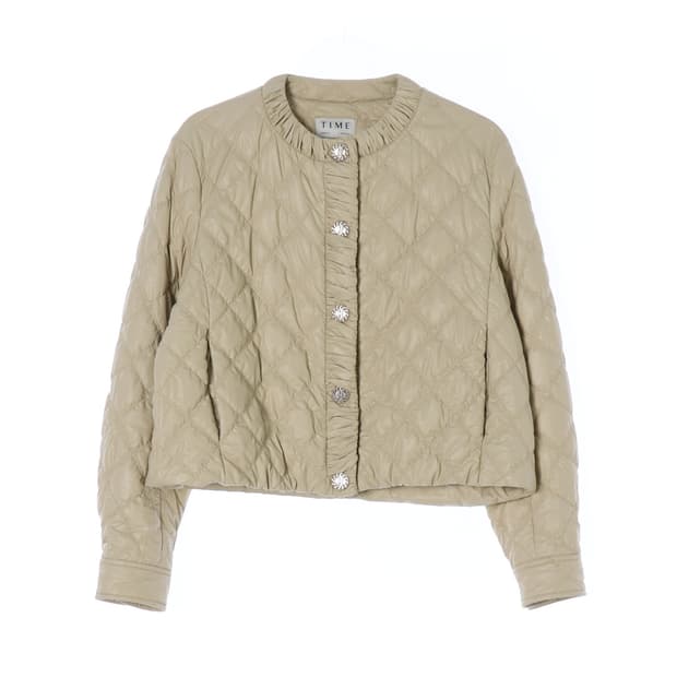 [S]타임 레더 퀼팅 패딩 노카라 숏 점퍼 재킷 가죽
