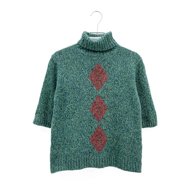 빈티지 아가일 체크 폴라넥 반팔니트