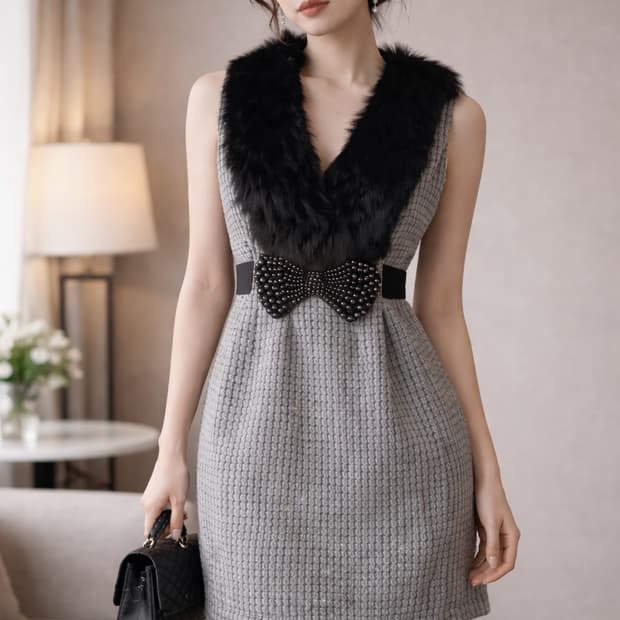 청담 편집샵 리얼 토끼털 퍼 진주 리본 원피스 44 / 하객룩