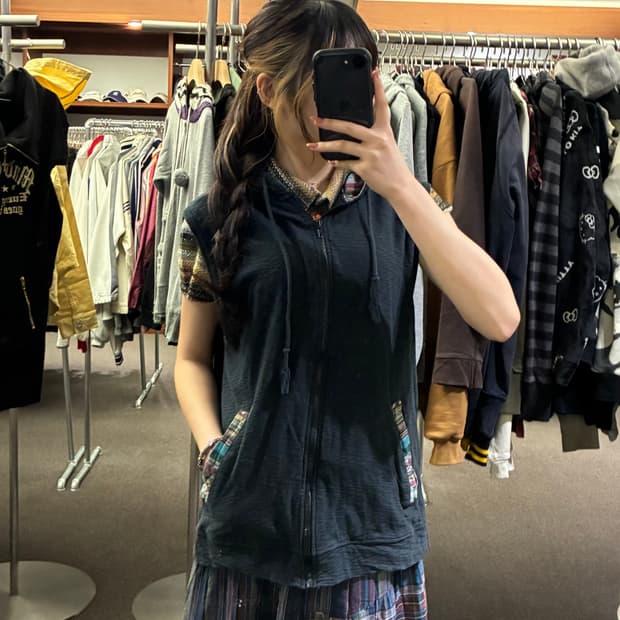 LL)Sorridere 빈티지 패턴 포인트 후드 베스트 조끼