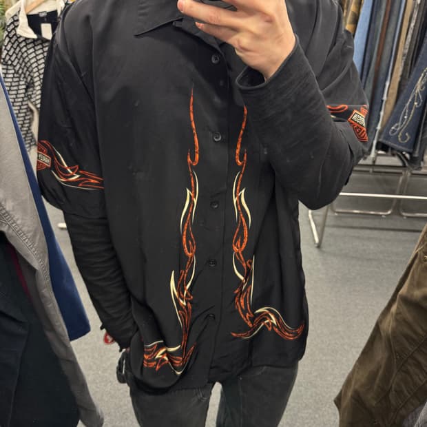 XL)할리데이비슨 빈티지 플레임 패턴 반팔셔츠