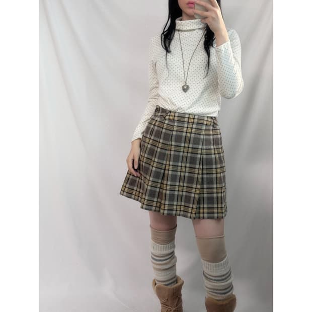 체크 패턴 플리츠 울 스커트