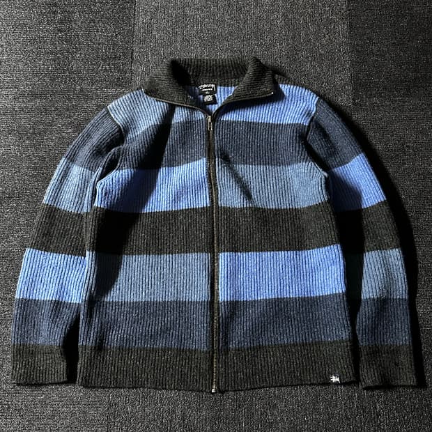 old stussy 올드 스투시 램스울 스트라이프 니트 울 집업자켓