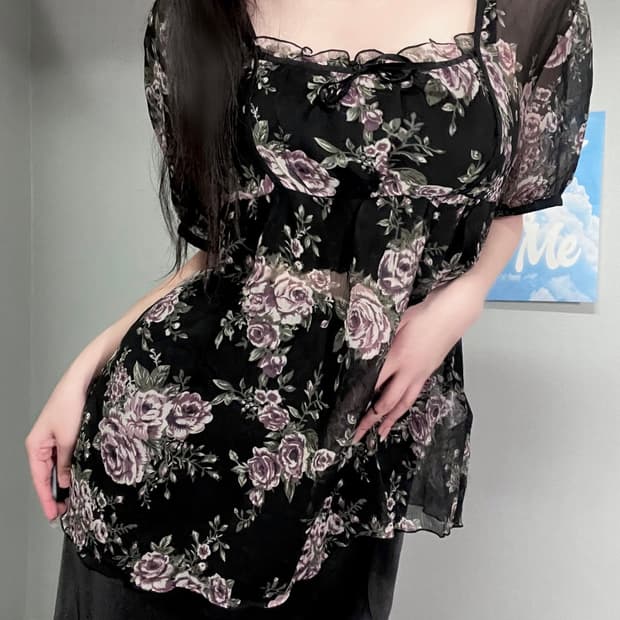 블랙 엔틱 고딕 로즈 장미 프릴 레이스 셔링 쉬폰 블라우스