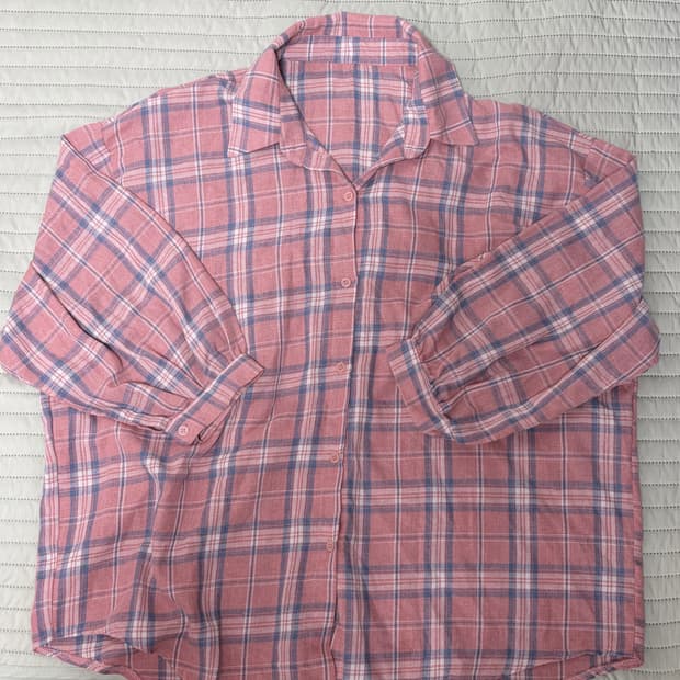 핑크 체크 루즈핏 반팔 셔츠