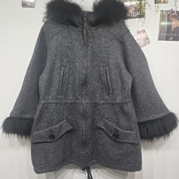 버버리 후드 퍼 장식 모직 케이프 코트