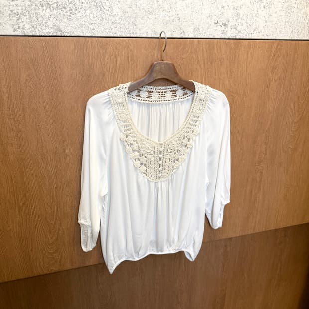 빈티지 블라우스 보헤미안 크로쉐 레이스 디테일 루즈핏 아이보리
