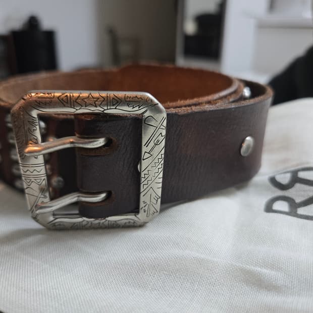 RRL 스터디드 로고 레더 벨트