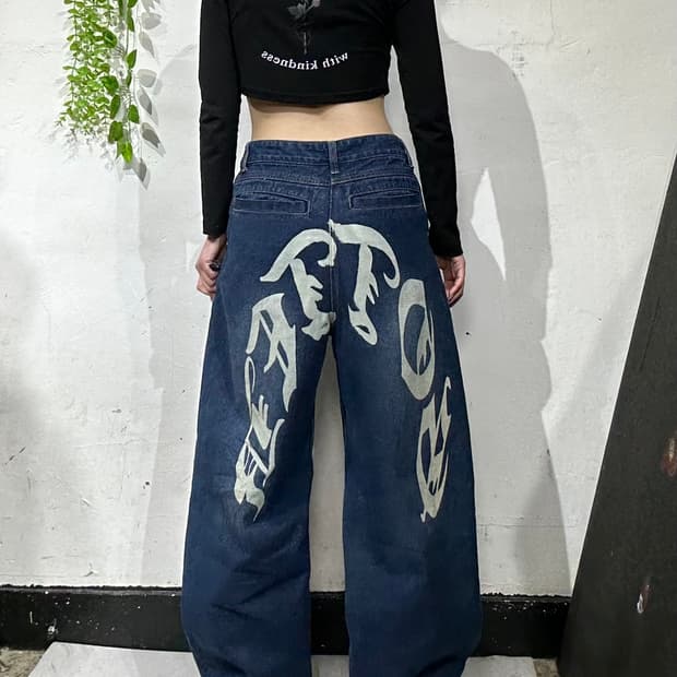 빈티지 진청 와이드 힙합 새깅 백 프린팅 데님 팬츠 청바지 
