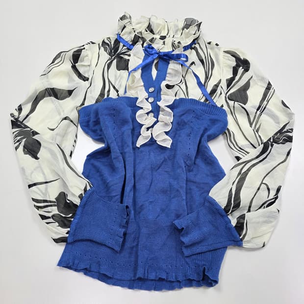 빈티지) 로맨틱 블루 모리걸st 보헤미안 리본 니트셔링 블라우스