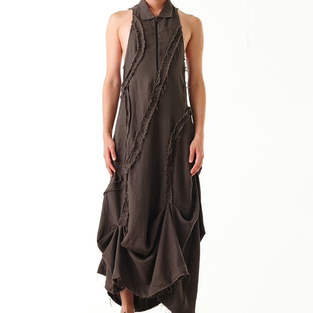 RUFFLE LINEN MAXI DRESS, CHARCOAL