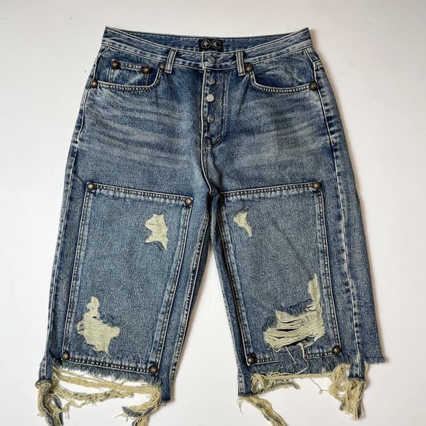 떠그클럽 블루 더블니 데미지 데님 반바지 PN9630