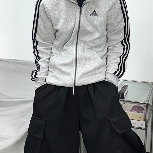 아디다스 에센셜 블랙 그레이 후드집업 L