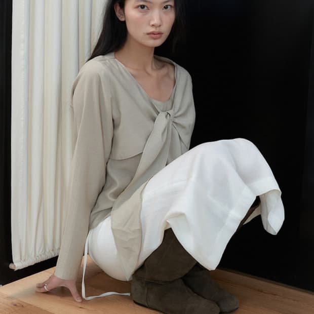 아우로 ouro sheer ribbon blouse 블라우스 베이지