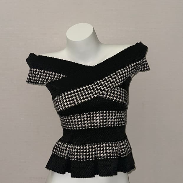 빈티지 트위트 오프숄더 탑