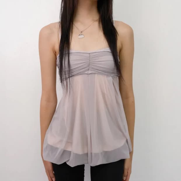 루즈슬립오버 메쉬 플러프 미니 탑 라일락 블러쉬