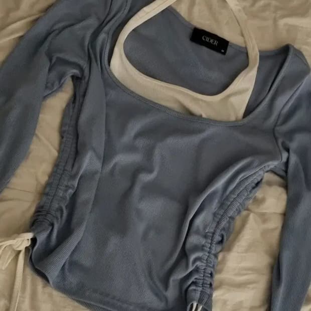 샵사이다 스쿱넥라인 드로우 스트링 롱슬리브 M 크롭 탑 옷 여름 발레코어