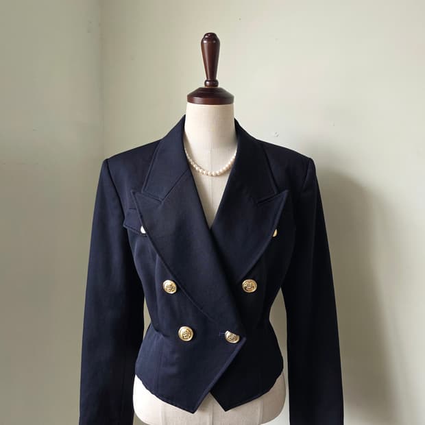 네이비 테일러드 카라 금장 더블 자켓
