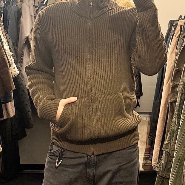 ASPESI 아스페시 골지 니트 스웨터 브라운 갈색 집업 하이넥 반목폴라