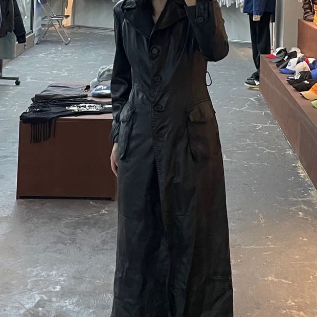 빈티지 블랙 가죽 트렌치코트 H1121