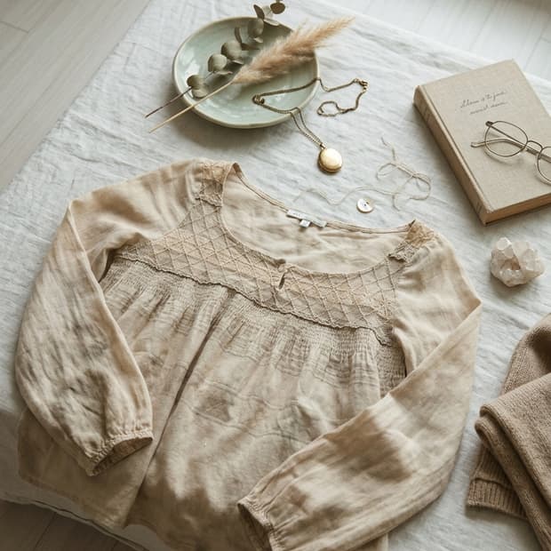 [마쥬(Maje)] 아이보리 레이스 스모킹 블라우스