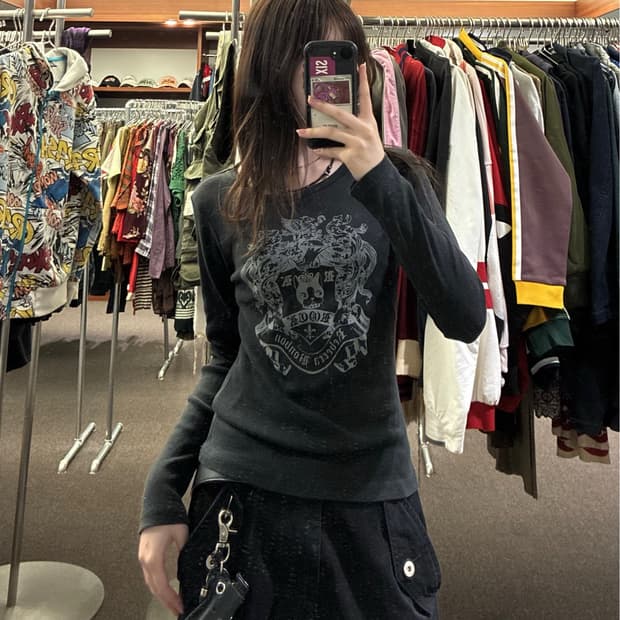 M)Rebecca Barbon 빈티지 여성 비즈 디테일 프린팅 롱슬리브