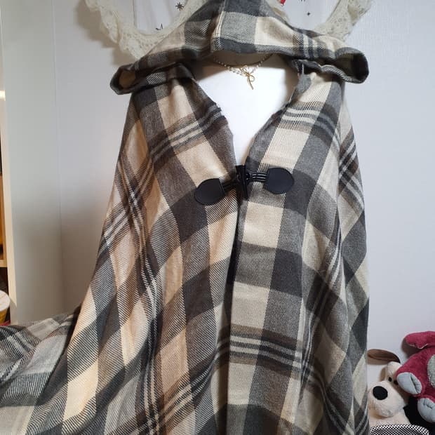 [모리걸] 체크 후드 망토 케이프