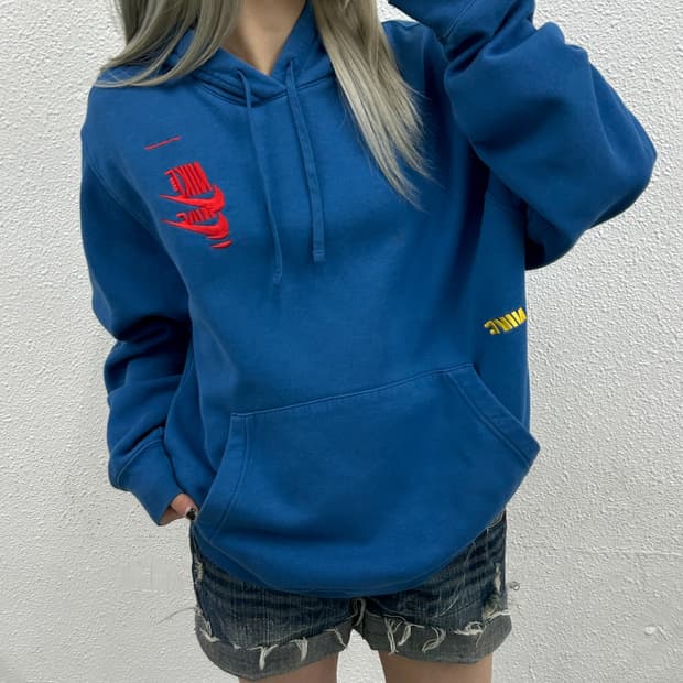 나이키 멀티컬러 자수 블루 후드 2XL