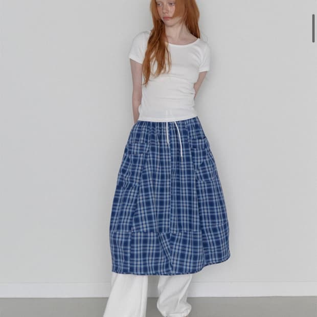 렌세 체크 롱스커트