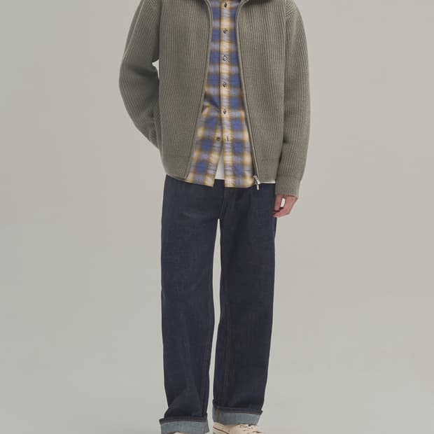 인더로우 로이 풀 집업 니트 카키 멜란지 4사이즈(xl) 상태 좋음