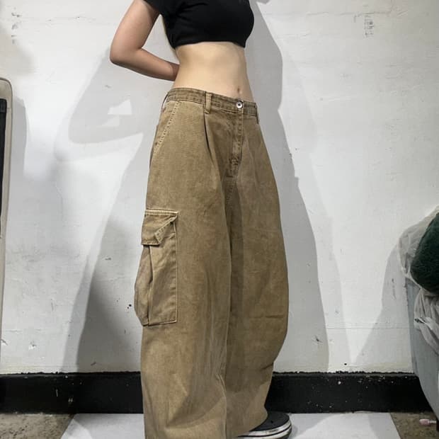 빈티지 베이지 워싱 벌룬핏 와이드 카고 바지 데님 팬츠 