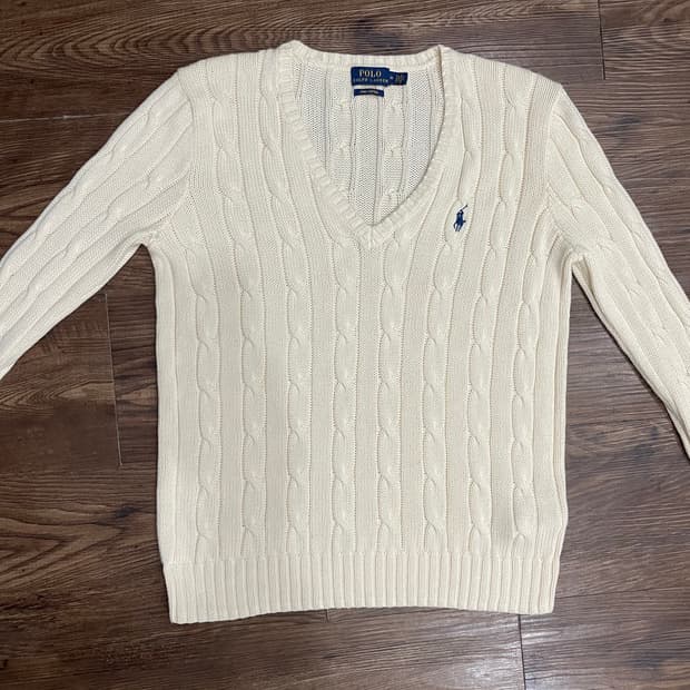 폴로 피마코튼 케이블 브이넥 니트 코튼 스웨터 크림