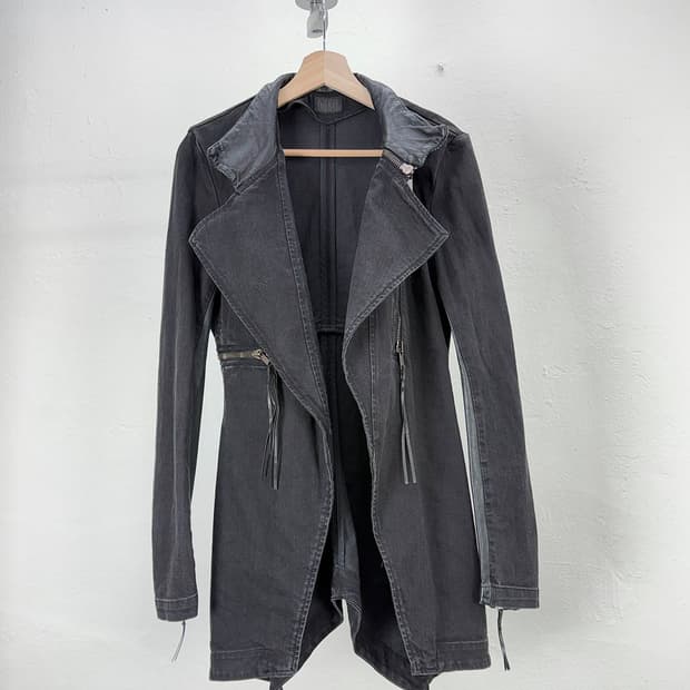 디젤 00s 블랙 레더 믹스드 오픈 카라 바이커 자켓