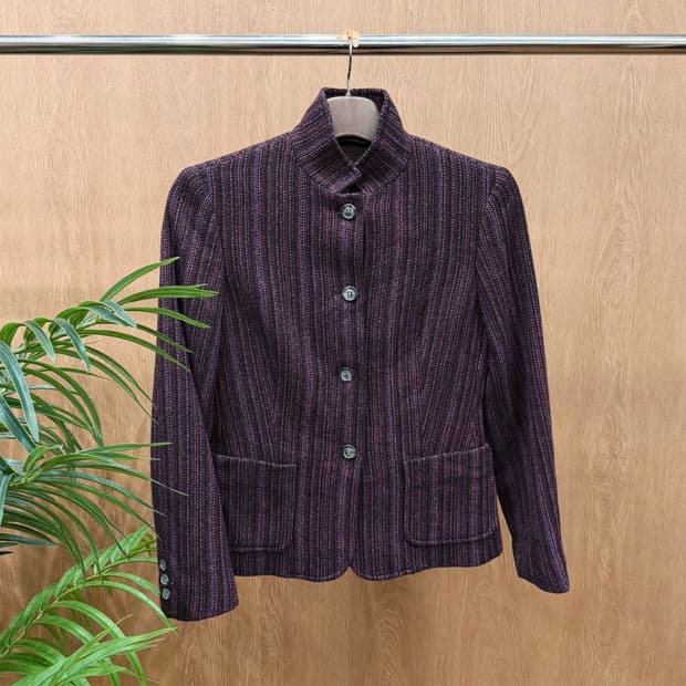 막스마라 위켄드 울 혼방 자켓 세로 스트라이프 텍스처 디테일 퍼플 버건디