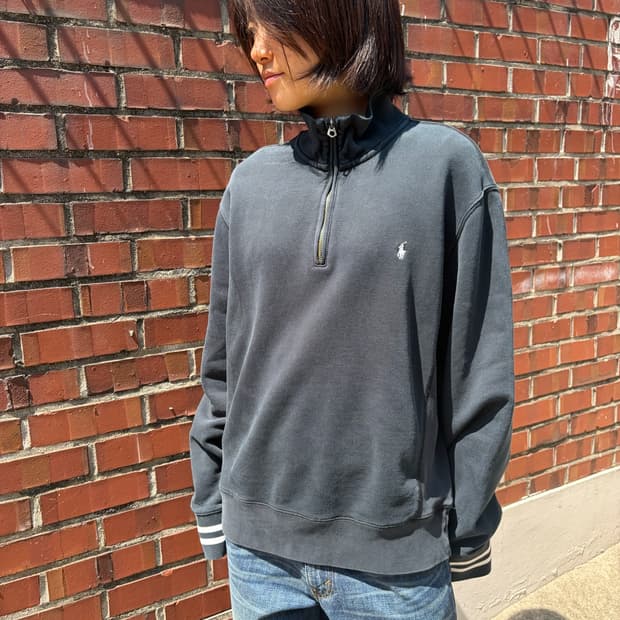 Polo Ralph Lauren 차콜 소매 라인 반집업 스웨트셔츠 L