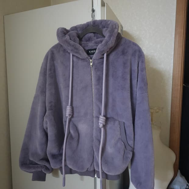카라 퍼 후드 집업 자켓 퍼플