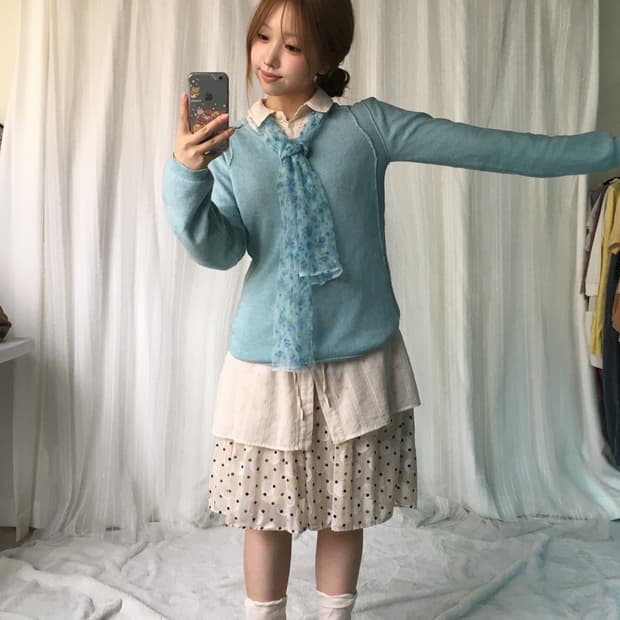 빈티지 소라 블루 아이보리 도트 소녀 코디세트